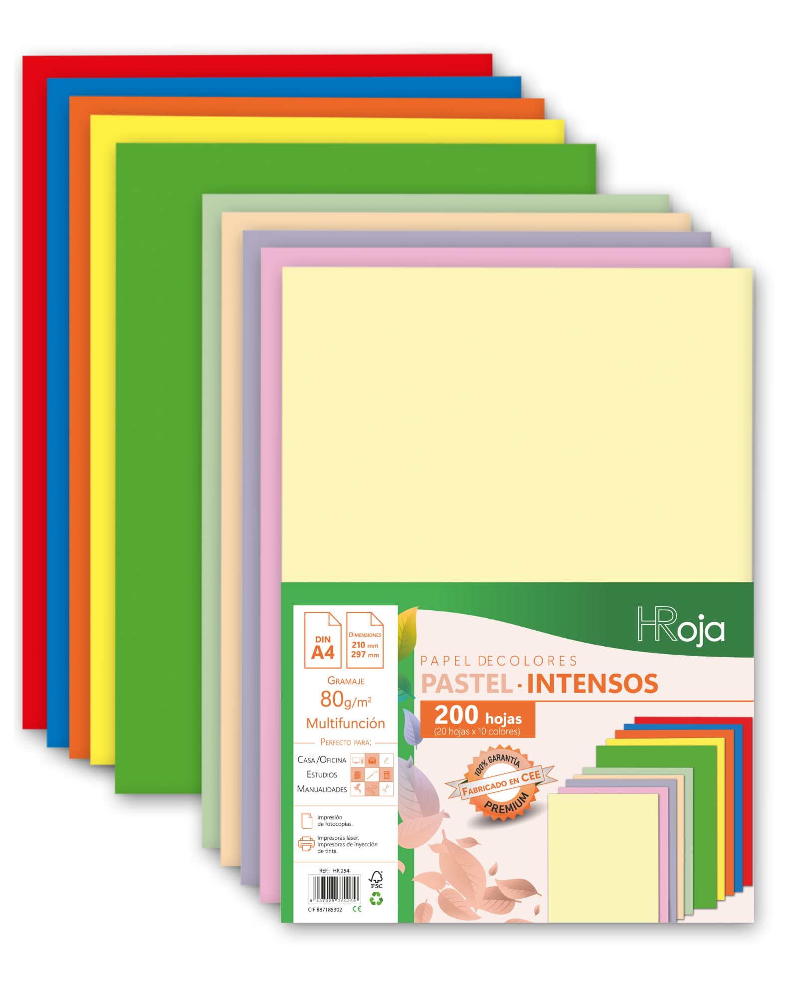 Folios Colores Pastel + Intensos A4 80 gr, 200 hojas, Papel multifunción apto para Impresoras Inkjet y Láser - 210 x 297 mm - Ideal para Oficina, Hogar y Proyectos Artísticos como Origami
