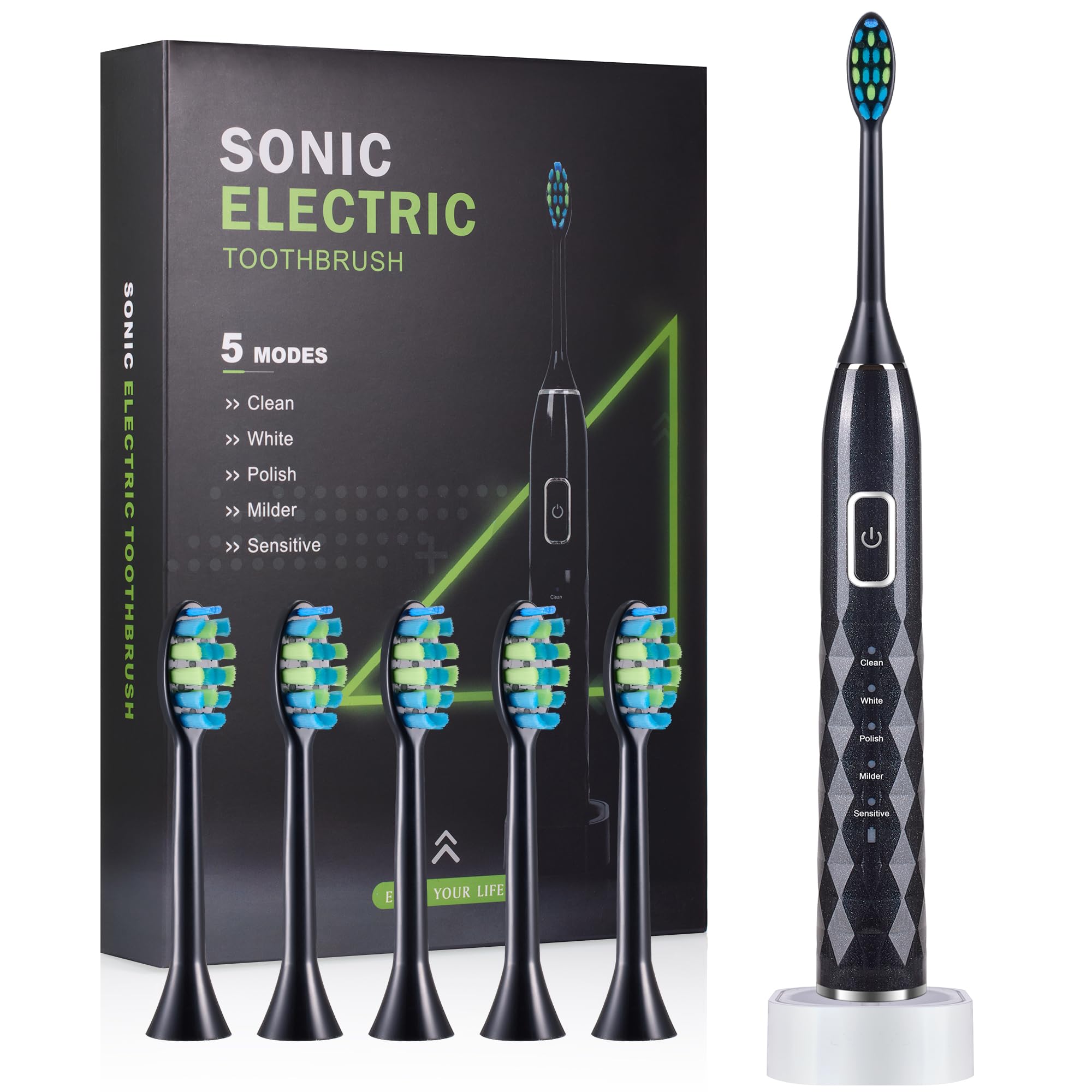 ZUAMEGU Sonic Electric Toothbrush for Adults - Deep Cleaning Teeth Whitening6 Replacement Brush Heads100-Day Battery5 Modes w/SensitiveIPX7 Waterproof