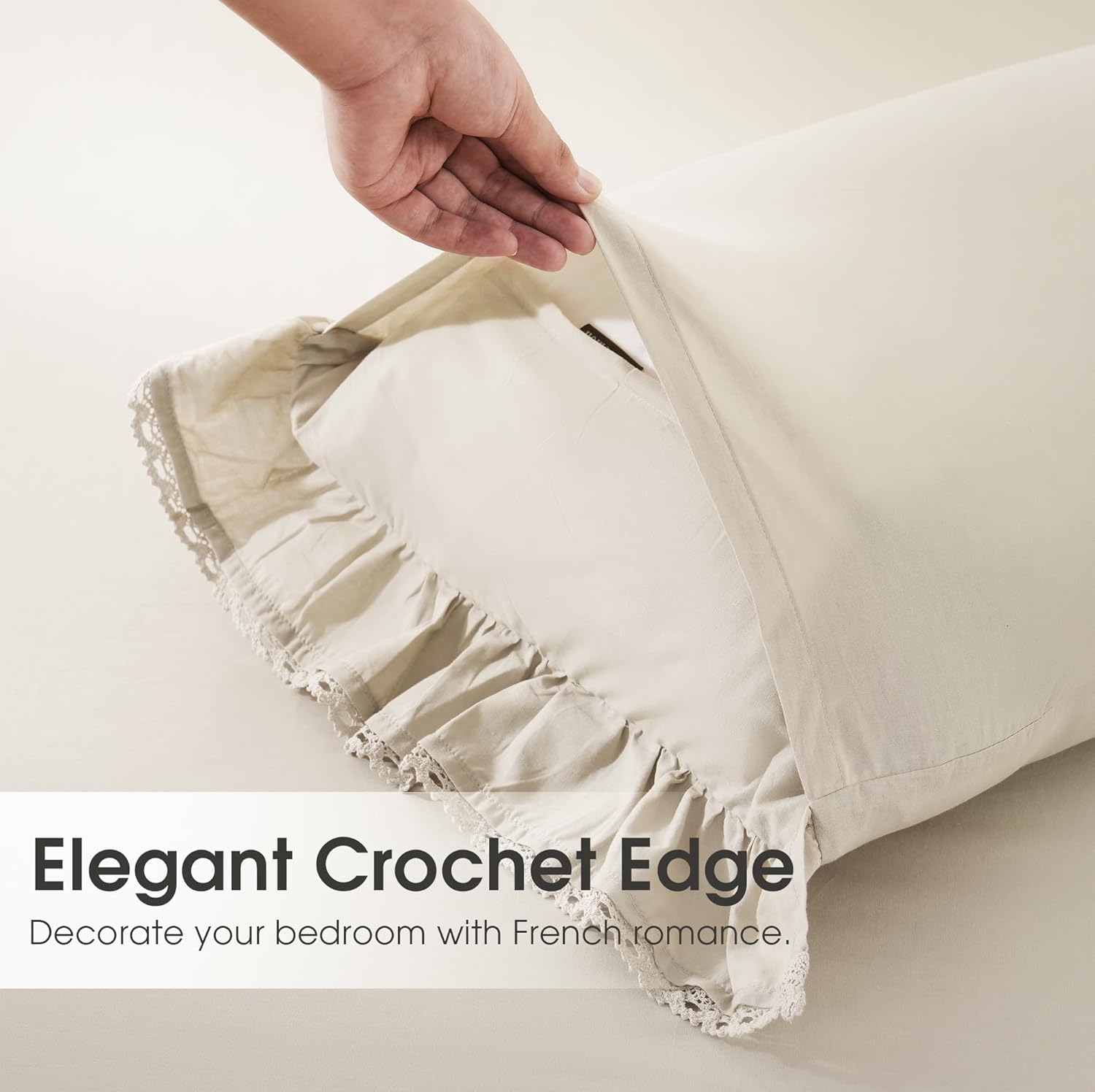 Ruffled Pillowcases, 20" X 26" Size, 100% Lightweight Cotton Pillow Shams Set of 2, Crochet Edge Lace Bedding Pillow Covers for Bed (Ivory)