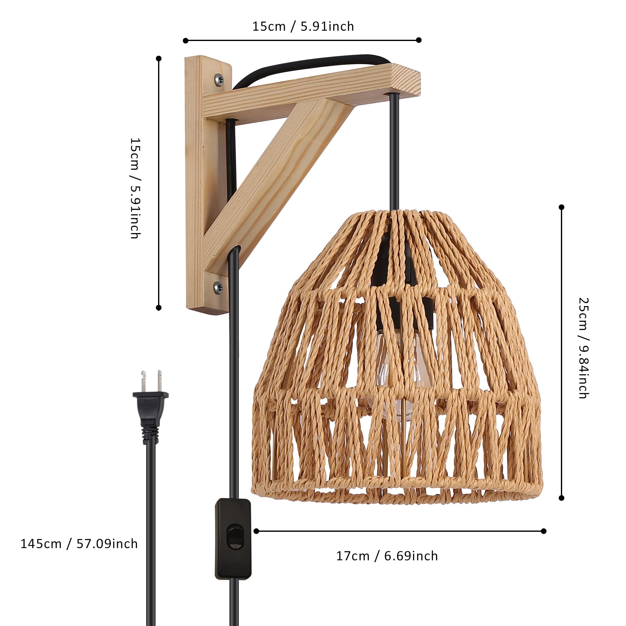 SUNLLOK Modern Plug In Rope Wall Light Fixture - Basket Rattan