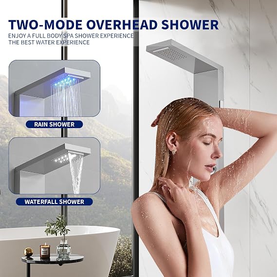 BWE 6 in 1 Shower Panel Tower System with Led Lights and Temperature Display Stainless Steel shower system with Rainfall, Waterfall, 2-Type Massage Jets, Handheld and Tub Spout, Brushed Nickel