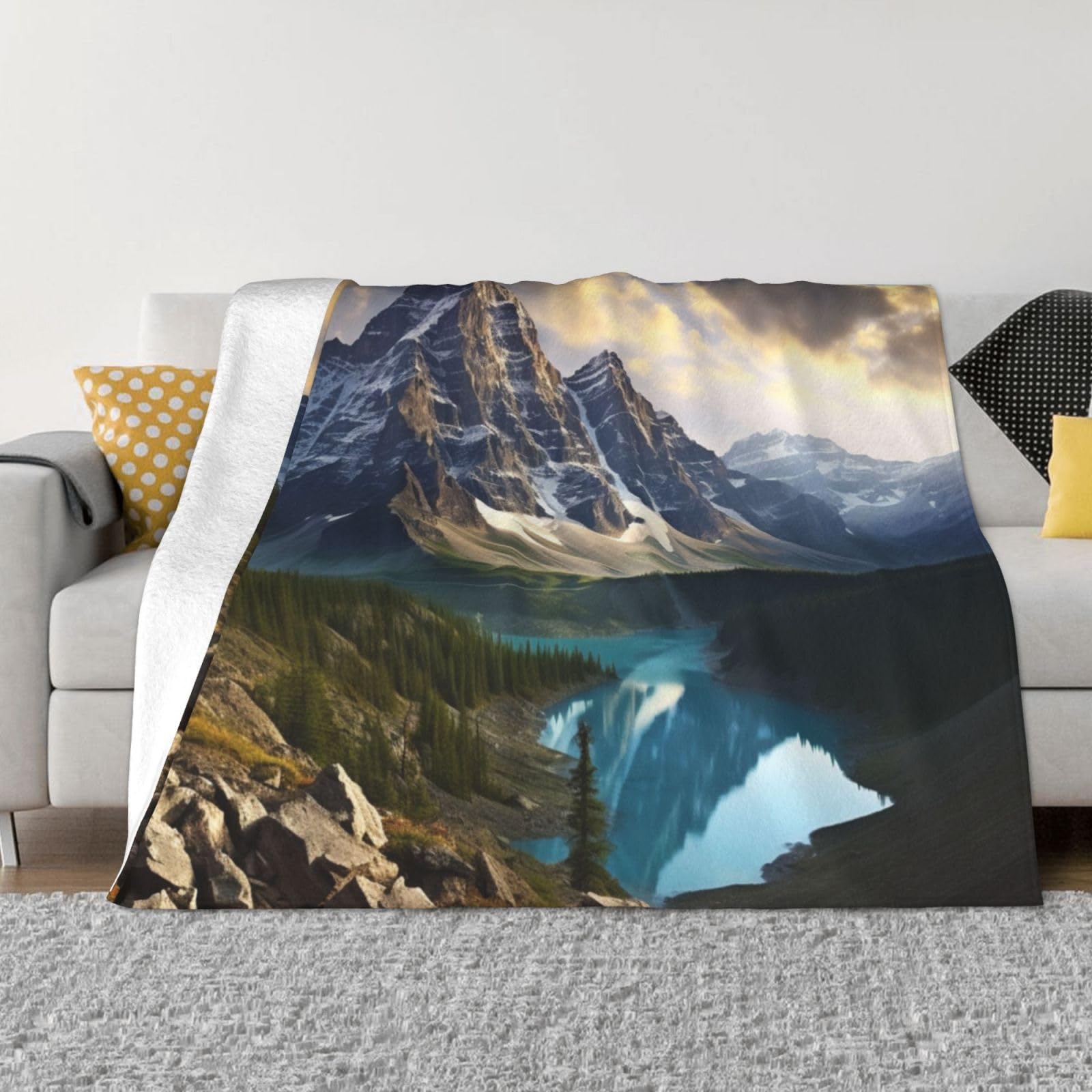 Couverture en micro polaire haut de gamme motif montagnes plaid pelucheux et chaud de lit