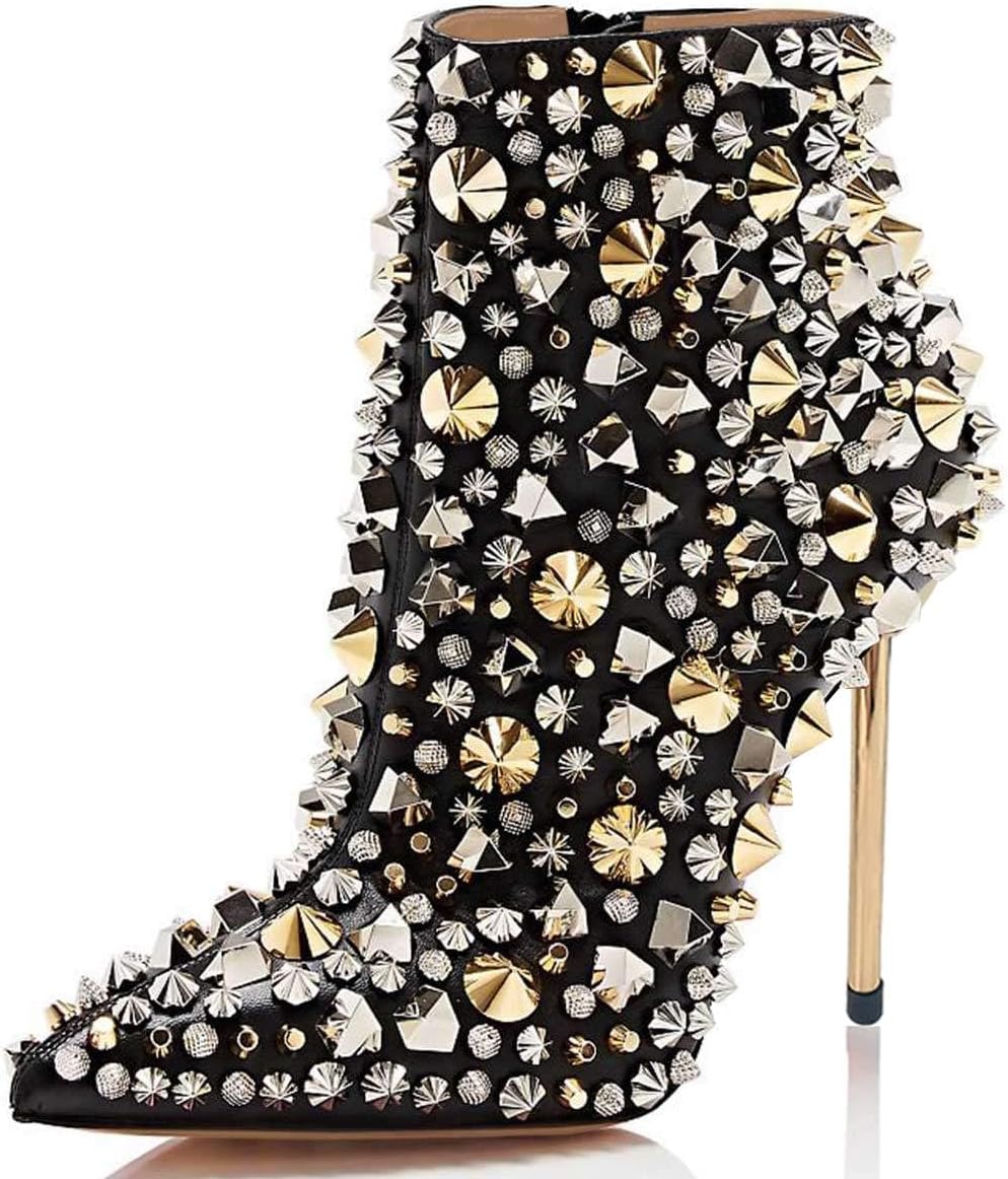 FSJ Women Fashion High Heel Ankle Boots with Rivets Closed Pointed Toe Stilettos Zipper Fall Winter Shoes Size 4-15 M US