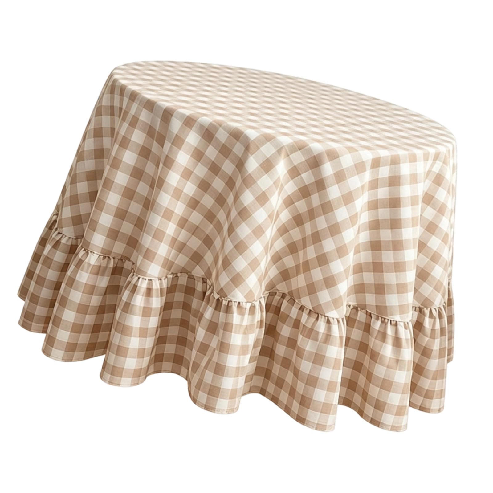 Hem Round Table Cover Cotton Linen Blend Checked Tablecloth for Dining Tables and Tea Time Decor for Family Dining Checked Round Table Cover Ruffle Hem Linen Cloth Tea Decor Vintage Home Cafe Cloth