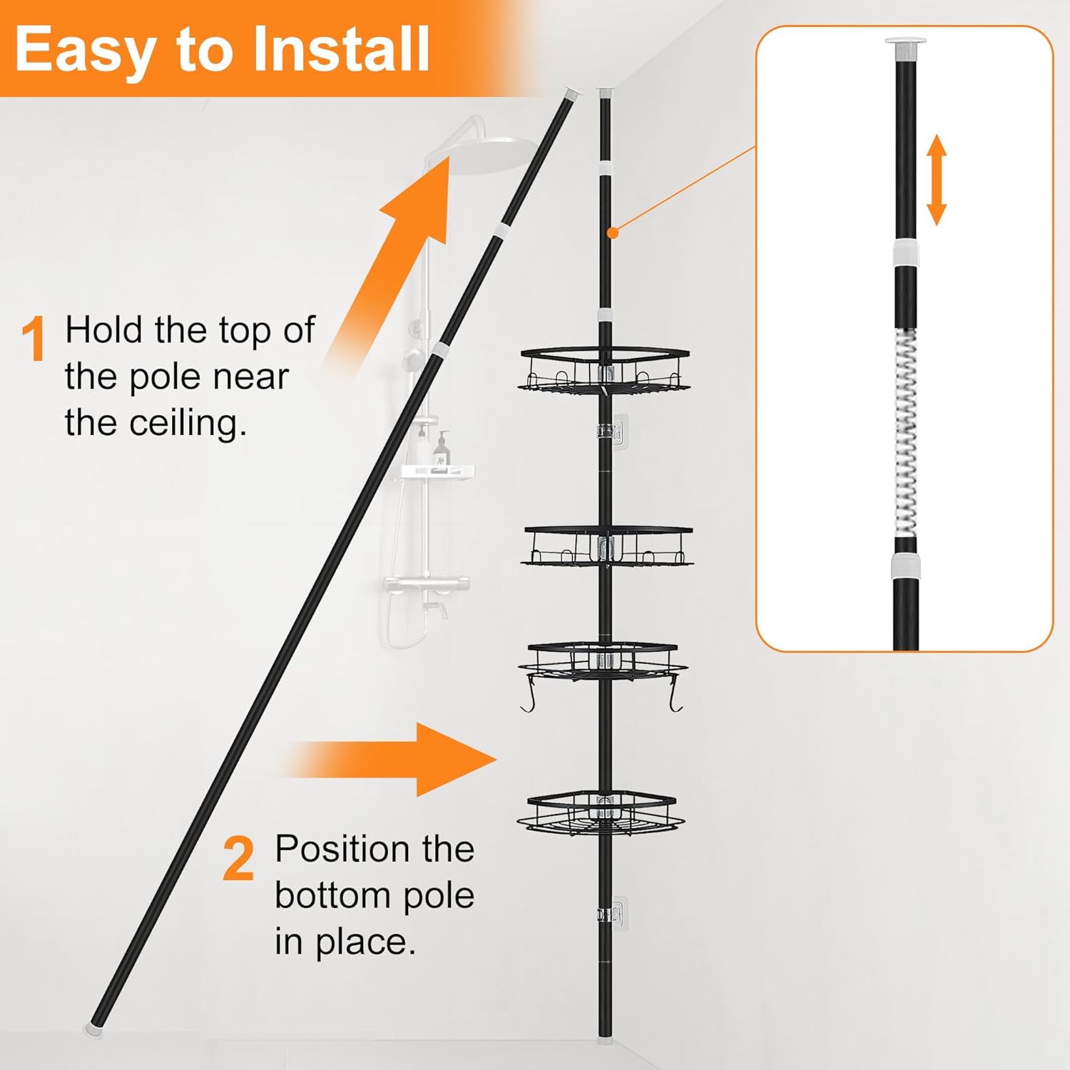 Corner Shower Caddy Tension Pole, Shower Tension Rod Organizer, 4-Tier Adjustable Floor to Ceiling Shower Caddy 33-127inch, No Drilling Shower Shelf for Inside (Black)