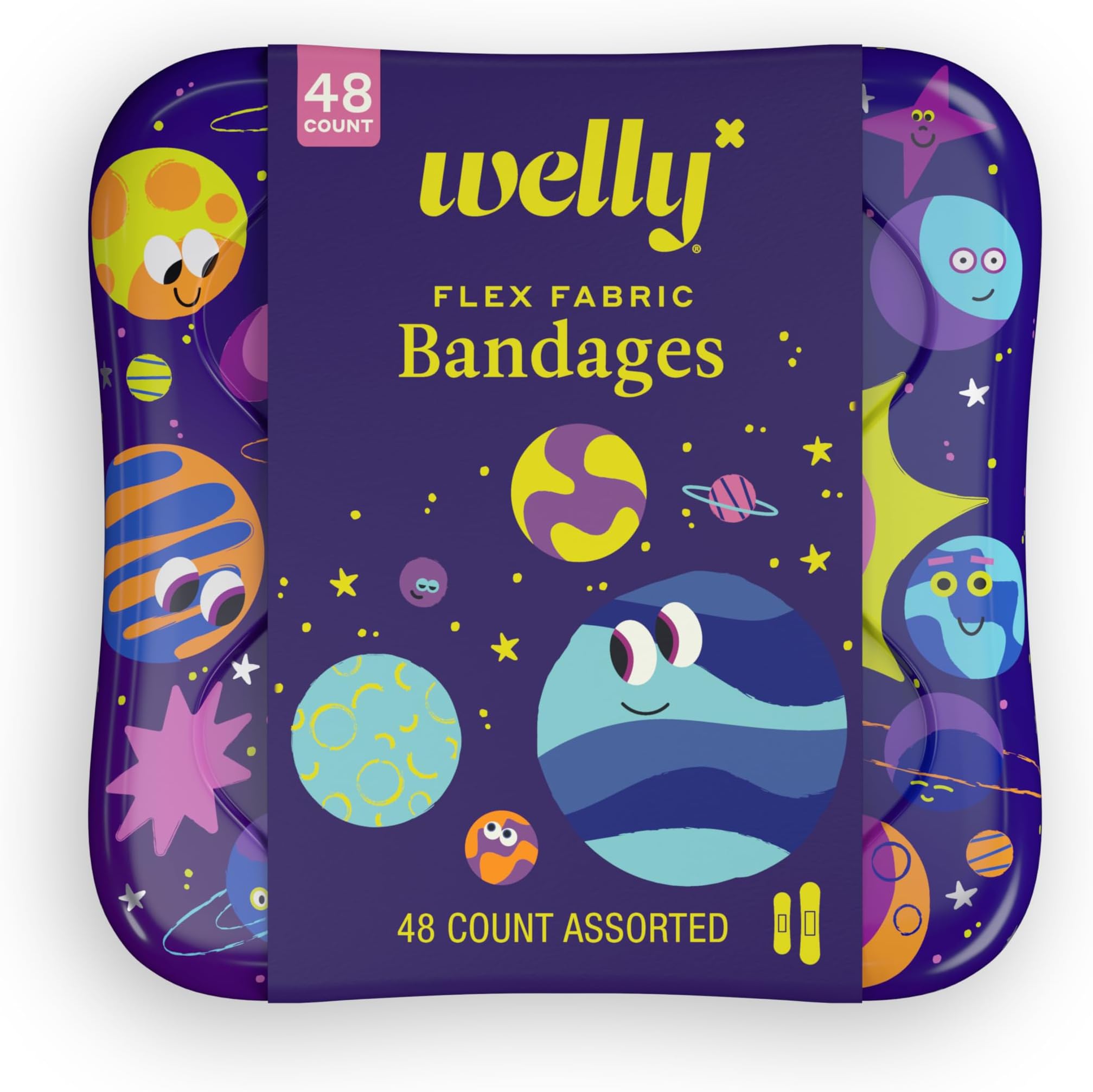 Welly Bandages | Adhesive Flexible Fabric Bravery Badges | Assorted Shapes for Minor Cuts, Scrapes, and Wounds | Colorful and Fun First Aid Tin | Planet Pals Patterns - 48 Count