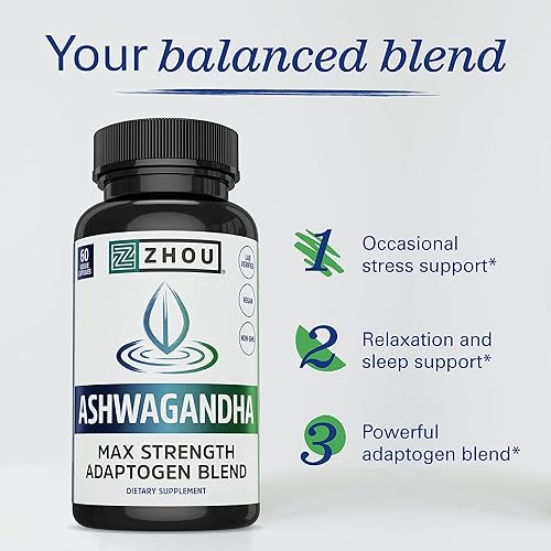 Miniatura 3 de Zhou Nutrition Ashwagandha Capsules, mejora el estado de ánimo, impulso de energía, mezcla de rodiola, albahaca sagrada, Cordyceps, suplemento de