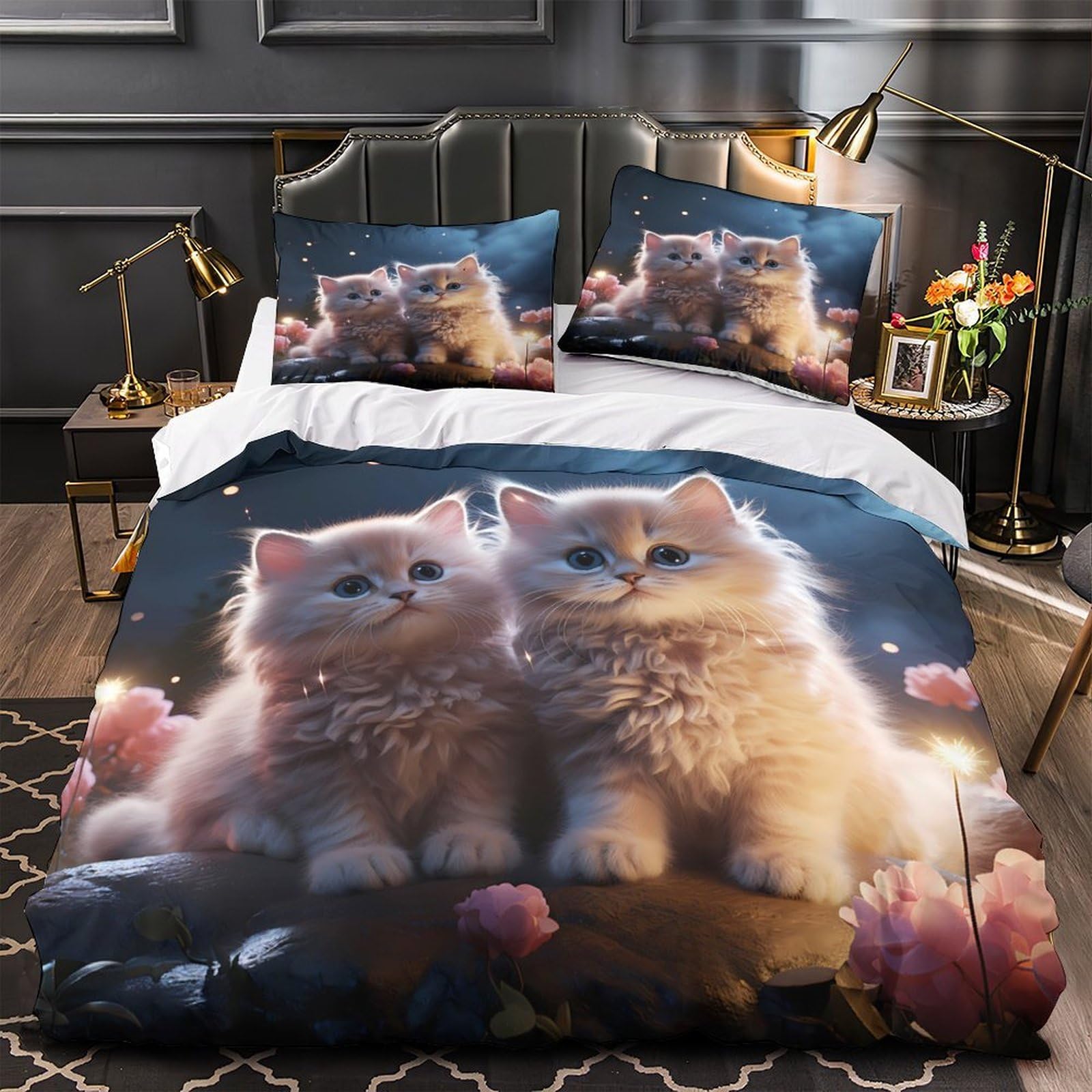 Parure de lit chatons fantaisie 220x240 pour lit enfant avec housse de couette