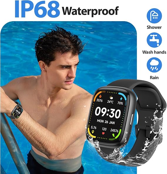 Smart Watches for Women Men, Alexa Built-in Fitness Tracker Watch with Bluetooth Heart Rate Health Monitor 100+Sports Modes IP68 Waterproof, 1.83 HD Touchscreen Smartwatch for Android iOS (Black)