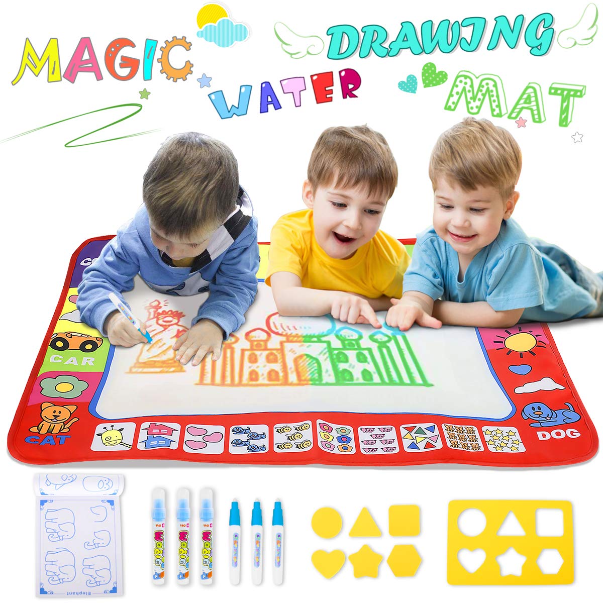 Doodle Drawing Mat - YEEGO Large Size Aqua Doodle Magic Water Painting Doodle Mat 32''x24'' with 4 Colors 6 Pens 6 Molds Booklet Coloring Mat for Boy Girl Toddler Gift (Large Size)