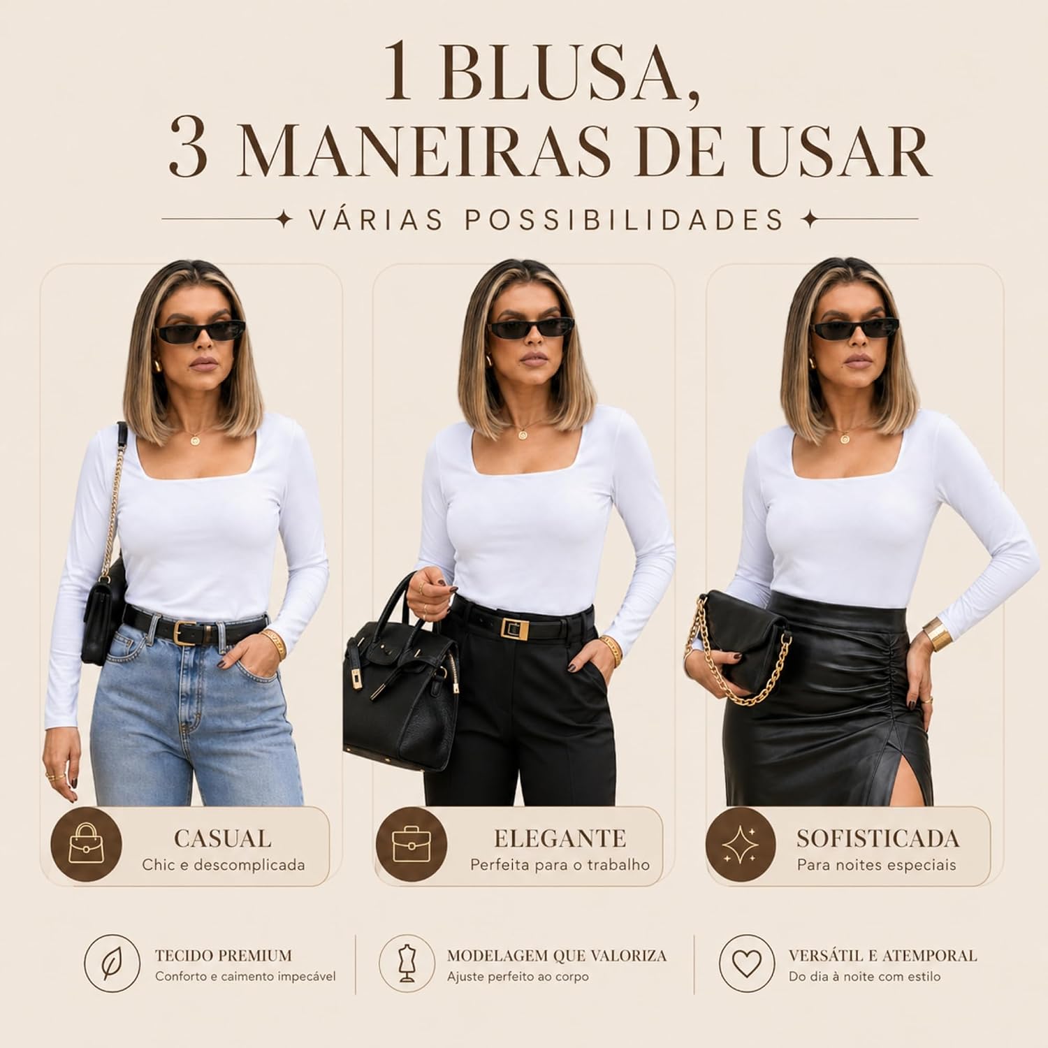 Blusa Feminina Manga Longa Decote Quadrado Casual Básica