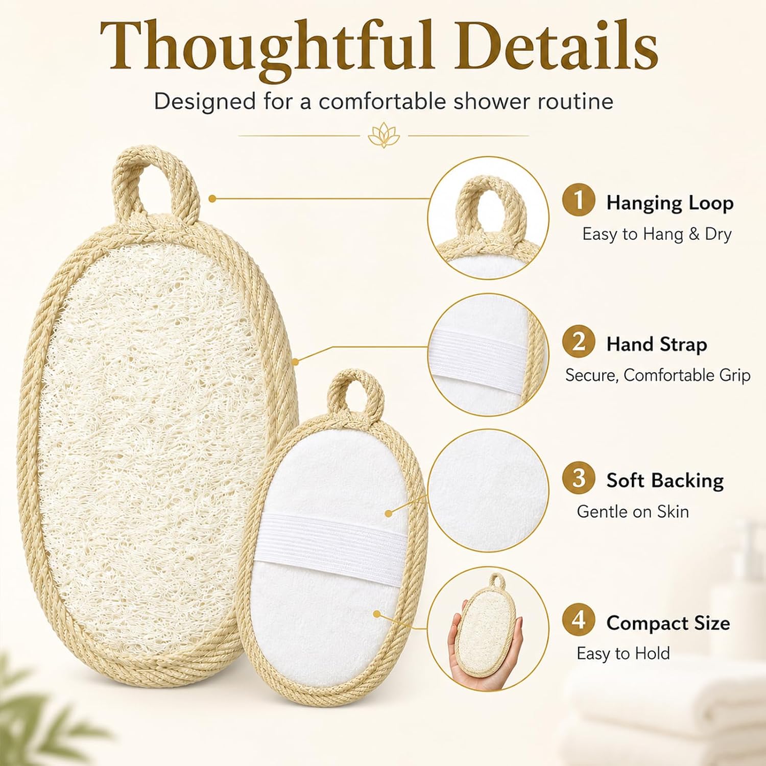 Natural Loofah Pads, 2 Pack Exfoliating Body Scrubber for Shower | Plant-Based Bath Sponge with Terry Cloth Back and Hand Strap for Body Wash, Exfoliating Bath Routine, Beige, Women Men
