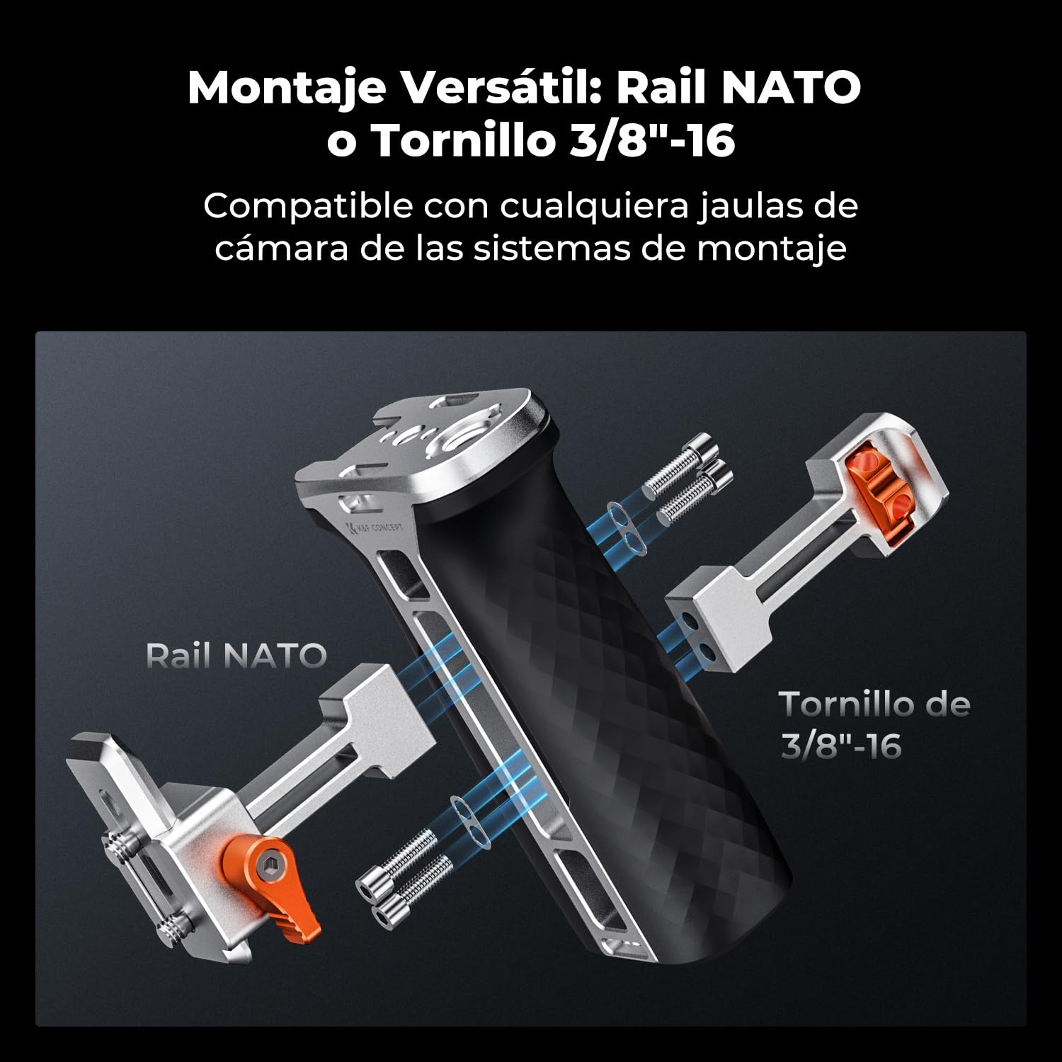 K&F CONCEPT Mango Lateral NATO para Jaulas de Cámara | Side Handle Ergonómica Universal 40mm Ajustable Arriba/Abajo con Adaptador de Zapata Rosca de 1/4" y 3/8" - PP31