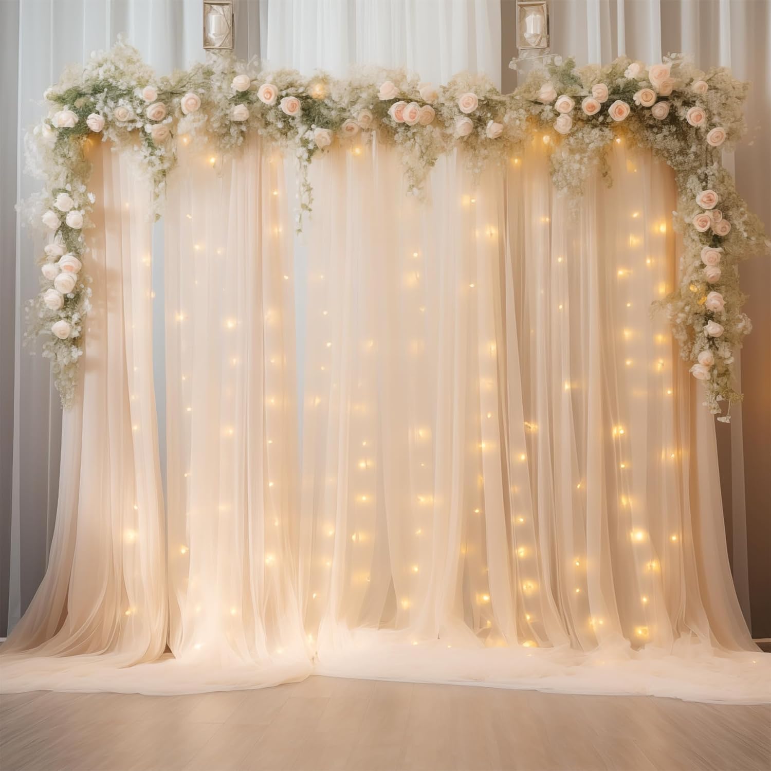 10ft x 8ft Champagne Backdrop Curtain with Lights String for Parties, Sheer Tulle Wedding Photo Backdrops Drapes for Baby Shower Birthday Party Decorations Background for Photography