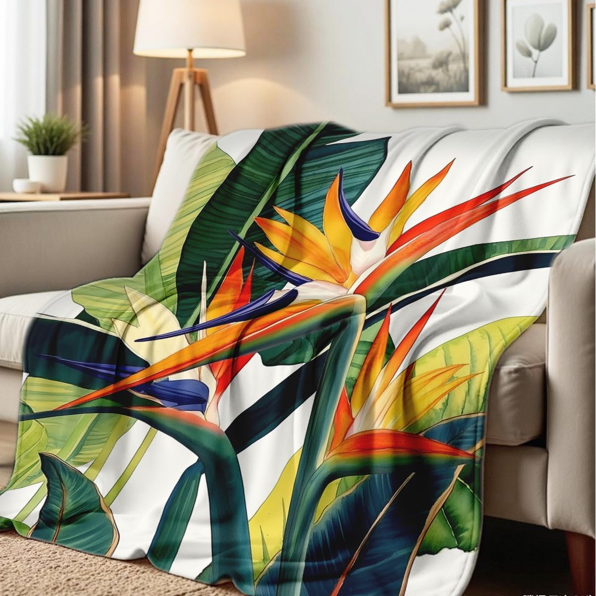 Paradise Throw Blanket Birds Tropical Flowers Print Throw Floral Flannel Blanket for Sofa Bed Couch Office Home Decor Nature Botanical Lovers Gifts (49"x59")