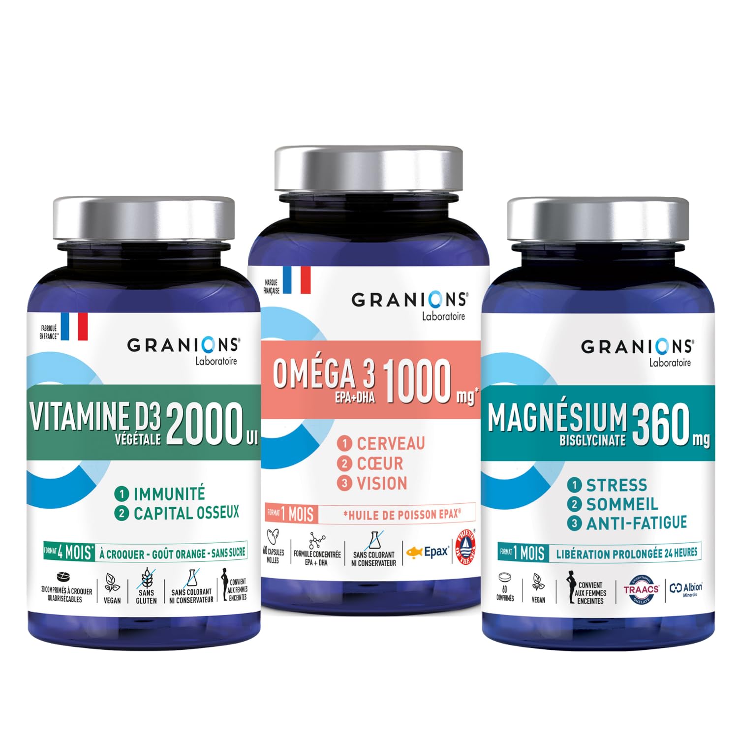 GRANIONS Lot Magnésium Bisglycinate 360 mg, Oméga 3 1000 mg & Vitamine D3 2000 UI + Vitamine B6 | Omega 3 DHA EPA, Immunité, Capital Osseux, Stress & Fatigue | 3 Compléments Alimentaires