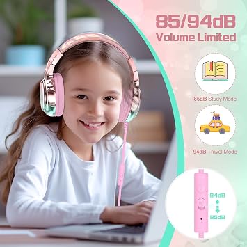 QearFun Gradient Pink+Gradient purpleKids Headphones Wired with 85/94dB Volume Limit, Foldable On-Ear Headset with Microphone & Audio Sharing Port for School, Travel, Tablet, iPad - for Boys & Girls
