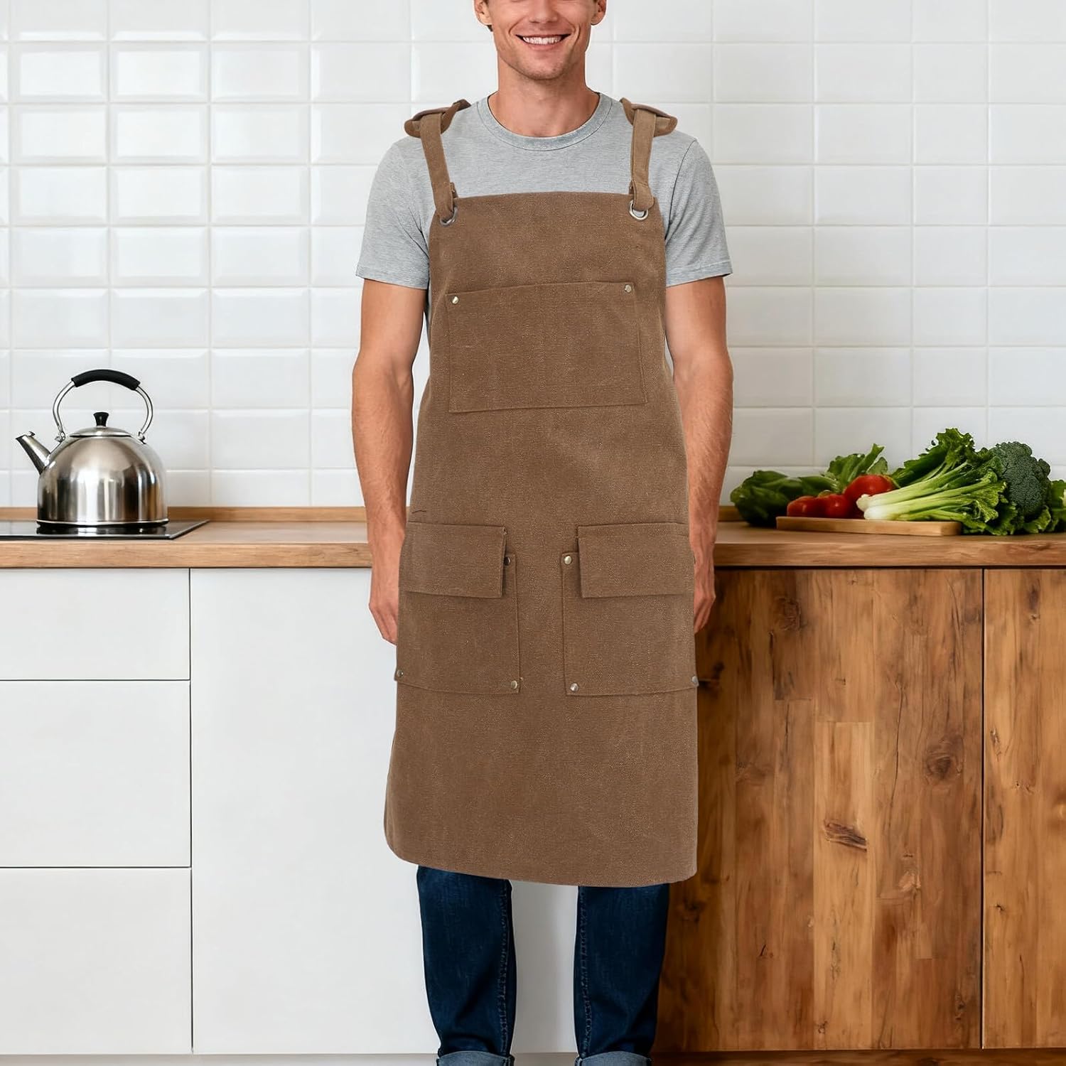 SHERCHPRY Men’s Canvas Tool Apron with Adjustable Straps Heavy-duty Thick Cotton Work Apron with Multi Pockets for Workshop and Gardening Use