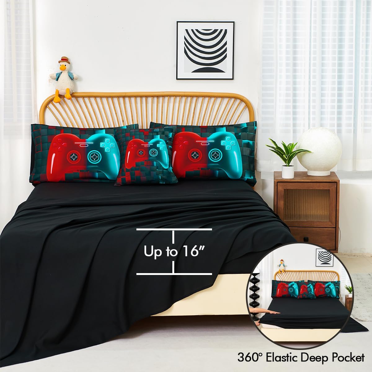 PERFEMET Boys Bedding Set Full 6 Pieces Red and Teal Video Game Kids Bed in A Bag 3D Cool Soft Lightweight Girls Teens Gamer Bed Set with Sheets(Red Teal, Full) - Image 5