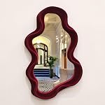 Wall Mounted Mirror Irregular Wall Mirror with Velvet Wavy Edge,Unique Housewarming Gift,Small Mirror for Bedroom/Bathroom/Children's Room/Entryway/Living Room/Wedding (Wine-red, 25.5x40.5cm)