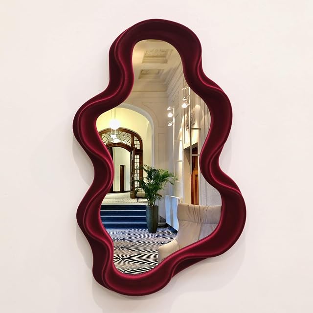 Wall Mounted Mirror Irregular Wall Mirror with Velvet Wavy Edge,Unique Housewarming Gift,Small Mirror for Bedroom/Bathroom/Children's Room/Entryway/Living Room/Wedding (Wine-red, 25.5x40.5cm)