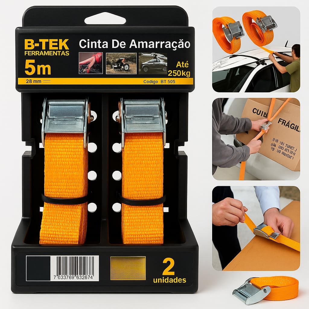 Kit 2 Cinta Amarração 2,5m 250kg Resistente Linha Pesada Laranja