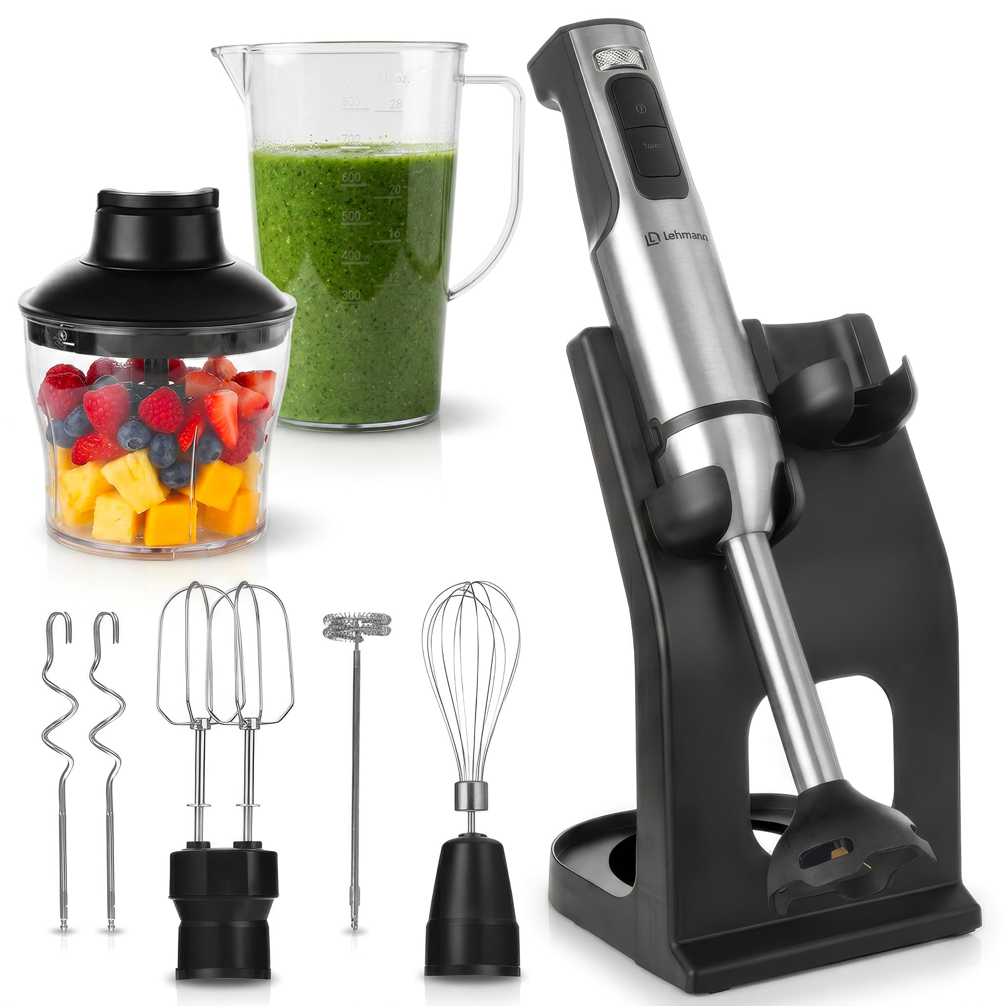 LEHMANN Juego de batidora de mano con soporte, 2000 W, batidora multifunción 6 en 1, 12 velocidades y función turbo, 7 accesorios, vaso de 800 ml y picadora de 600 ml, hoja dorada