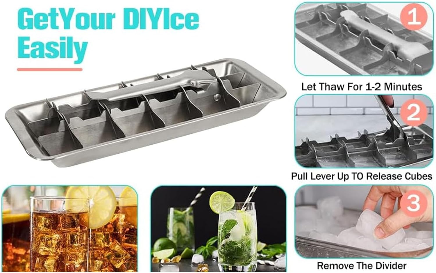 An infographic showcasing the VBQFDPH Easy-Release Ice Cube Tray.