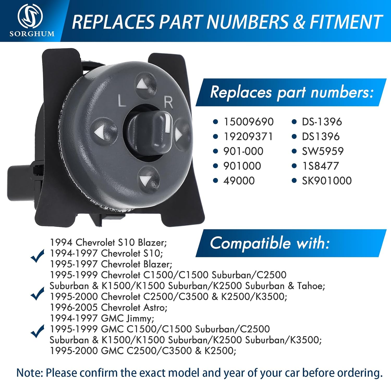Sorghum Power Mirror Switch - Power Mirror Control Switch Button Compatible with 1994-2000 Chevrolet GMC C1500 C2500 C3500 K1500 K2500 K3500 Blazer Tahoe Jimmy 8 Pins Replace# 15009690 19209371 DS1396