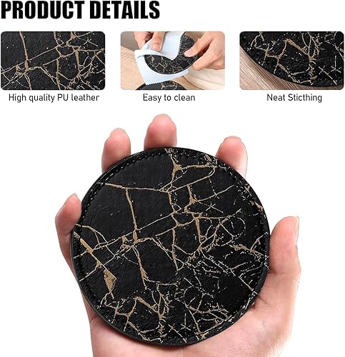 Miniatura 3 de Posavasos con diseño de mármol negro para bebidas, posavasos redondos de piel sintética con soporte, 6 unidades, resistentes al calor, decoración