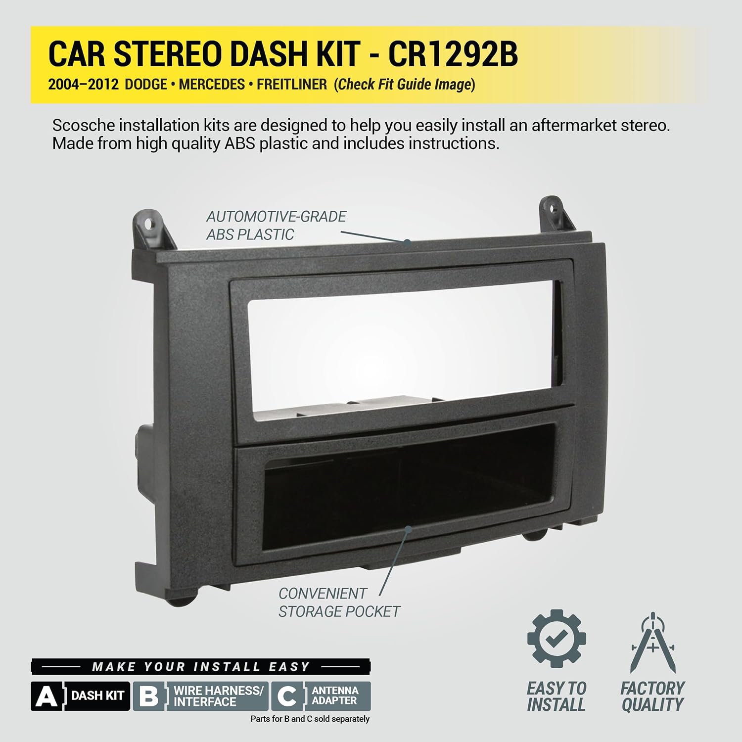Scosche CR1292B Double or Single DIN Radio Installation Dash Kit Compatible with Select 2007-18 Dodge, Mercedes and Freightliner Sprinter Vans - Aftermarket Car Stereo Install Brackets - See Fit Image