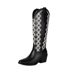 Cowboy Boots for Women Mid Calf Cowgirl Boots Western Chunky Heel Boot Argyle Pattern