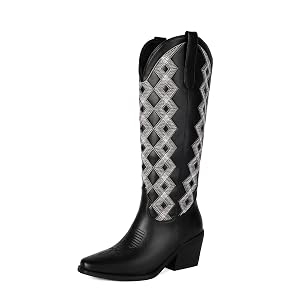 Cowboy Boots for Women Mid Calf Cowgirl Boots Western Chunky Heel Boot Argyle Pattern