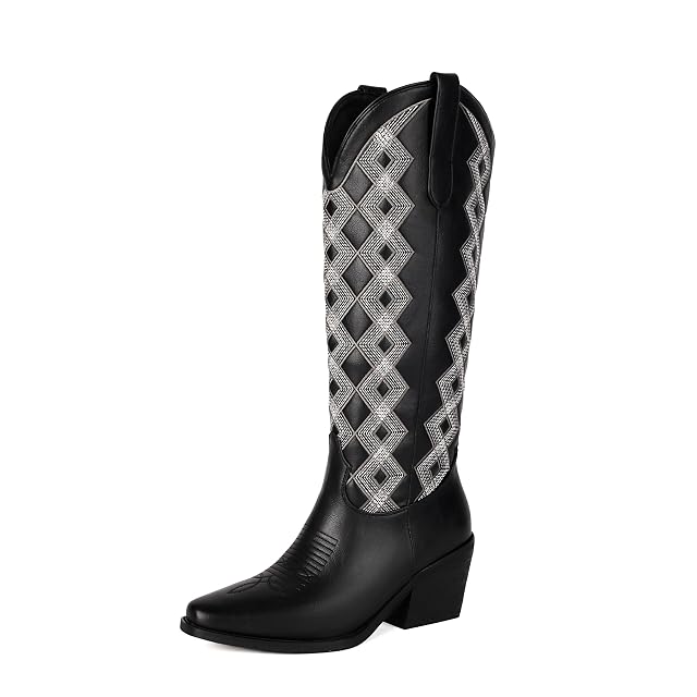 Cowboy Boots for Women Mid Calf Cowgirl Boots Western Chunky Heel Boot Argyle Pattern