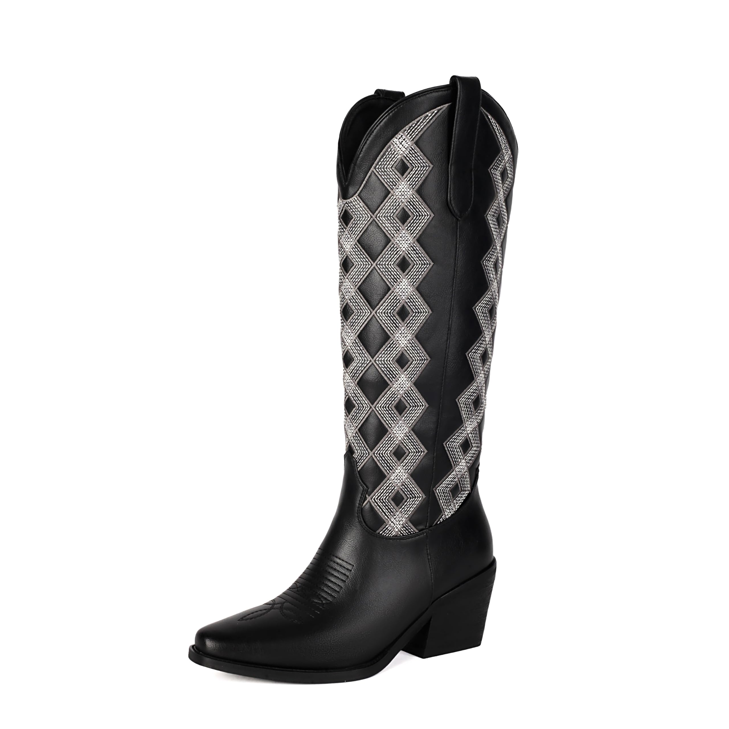 Cowboy Boots for Women Mid Calf Cowgirl Boots Western Chunky Heel Boot Argyle Pattern