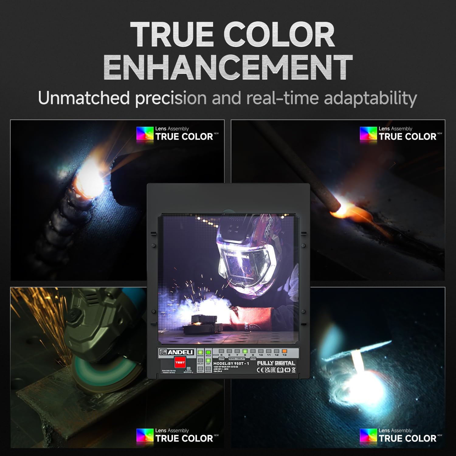 ANDELI Welding Helmet - Panoramic 180° View 3.94"X3.74",True Color Auto Darkening Welding Helmet with Light, 6 Arc Sensor, 4/5-8/9-13 Type-C Charging MONERRR-LED