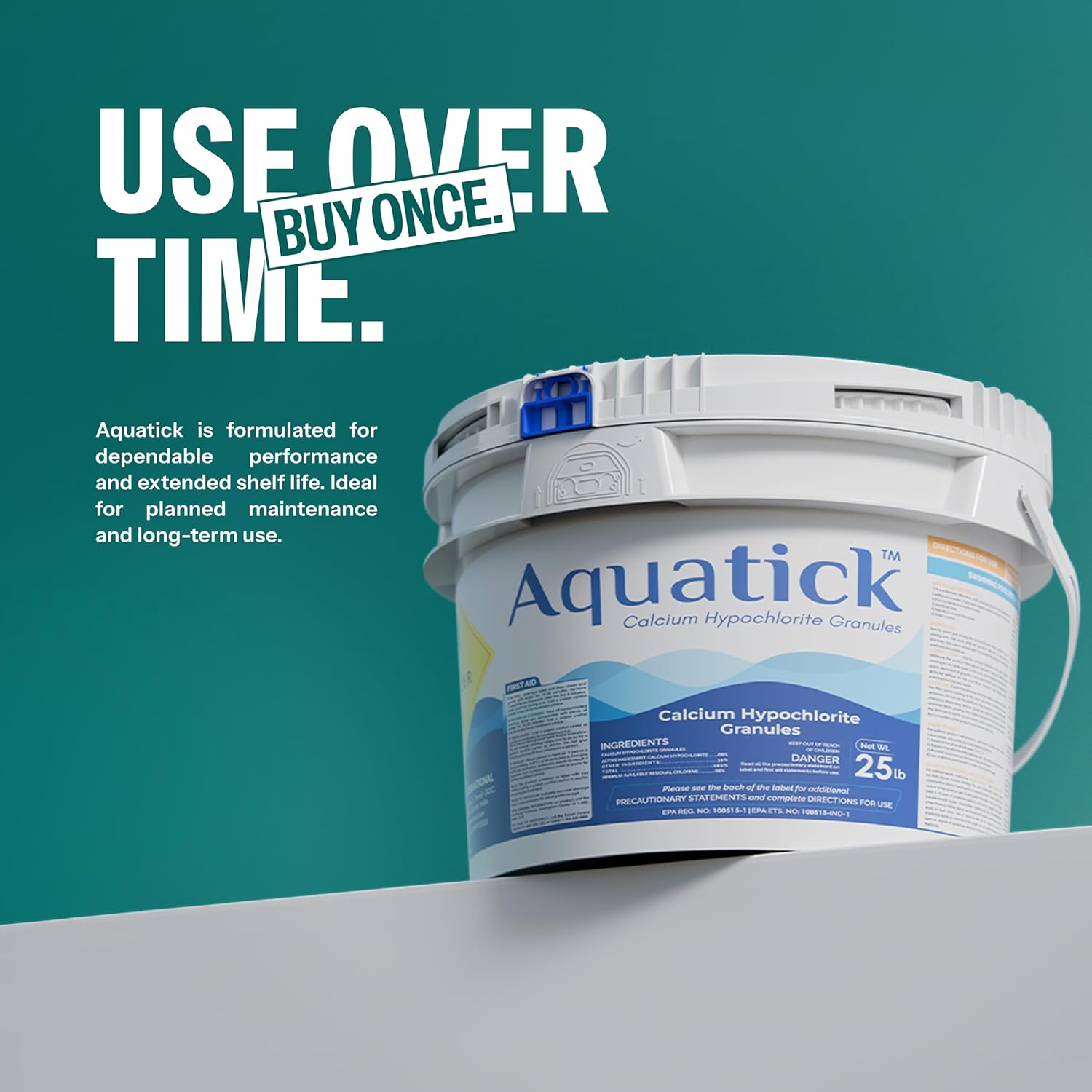 AquaTick 68% Calcium Hypochlorite Granules Pool Shock – 25 lb Bucket High Strength Non-Stabilized Chlorine for Swimming Pools and Spas