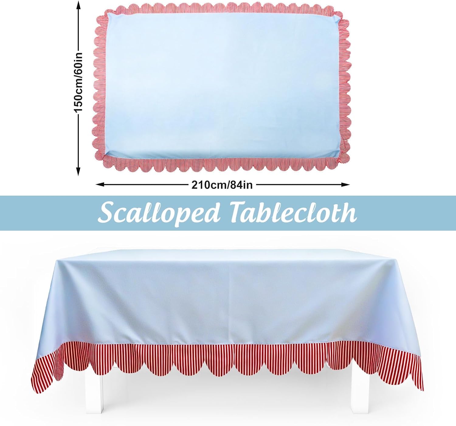 JarThenaAMCS Scalloped Tablecloth Blue Table Cloth with Red White Stripe Edge Rectangle Decorative Table Cover for Summer Baby Shower Wedding Birthday Party Home Kitchen Dining Decor, 60 x 84 Inch