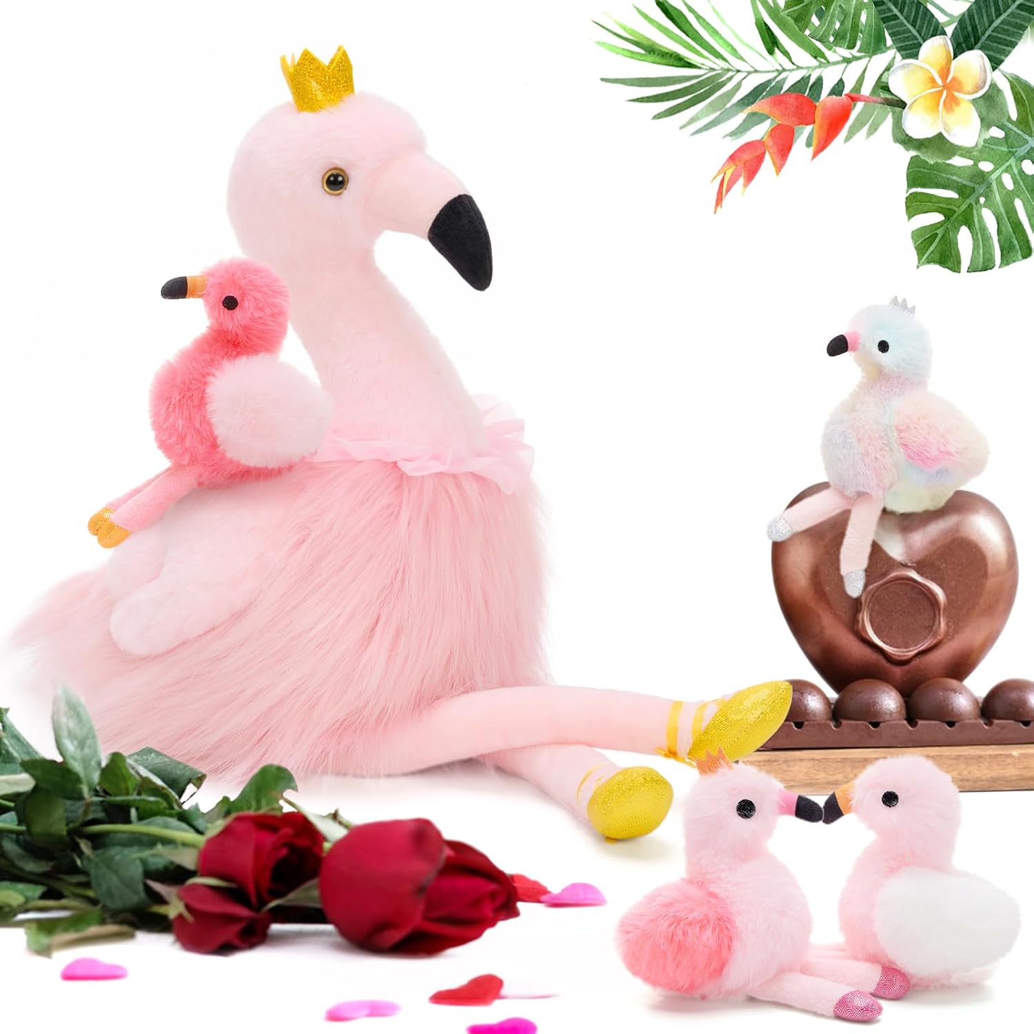 MorisMos Pink Flamingo Stuffed Animal with 4 baby Bird Plush Toys Inside, 24'' Ballerina Flamingo Plush Toys Set for Girl Boy Kid, Mom & Baby Pink Bird Stuffed Animal Gift Decor for Christmas Birthday