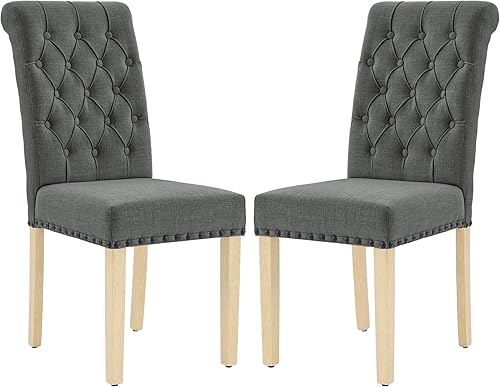 Miniatura 34 de LOULENS Juego de 2 sillas de comedor de tela, modernas sillas Parson tapizadas de lino con ribete de cabezas de clavos, botones acolchados, patas de