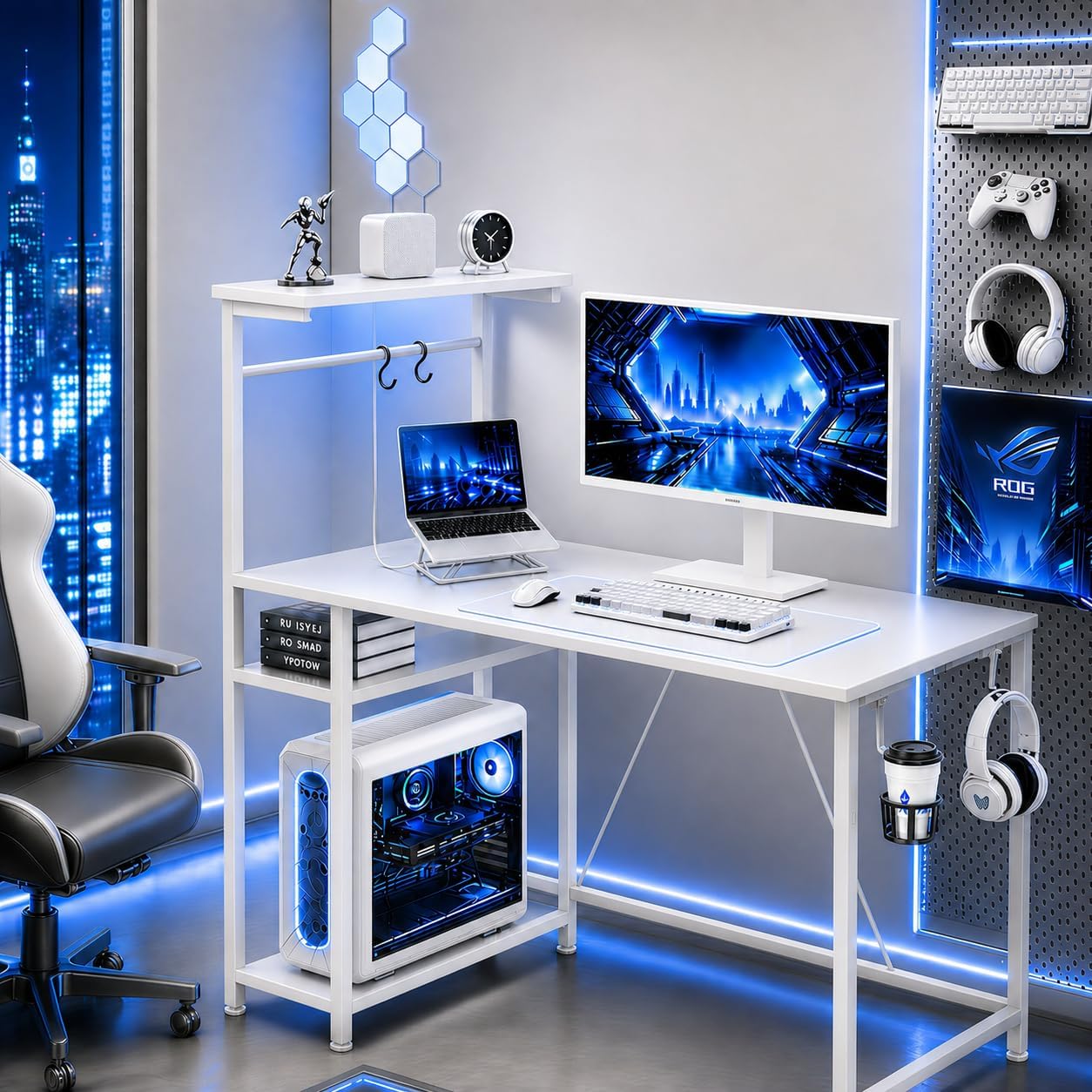 GTPLAYER 43" Gaming Desk with LED Lights, Reversible Shelves, White