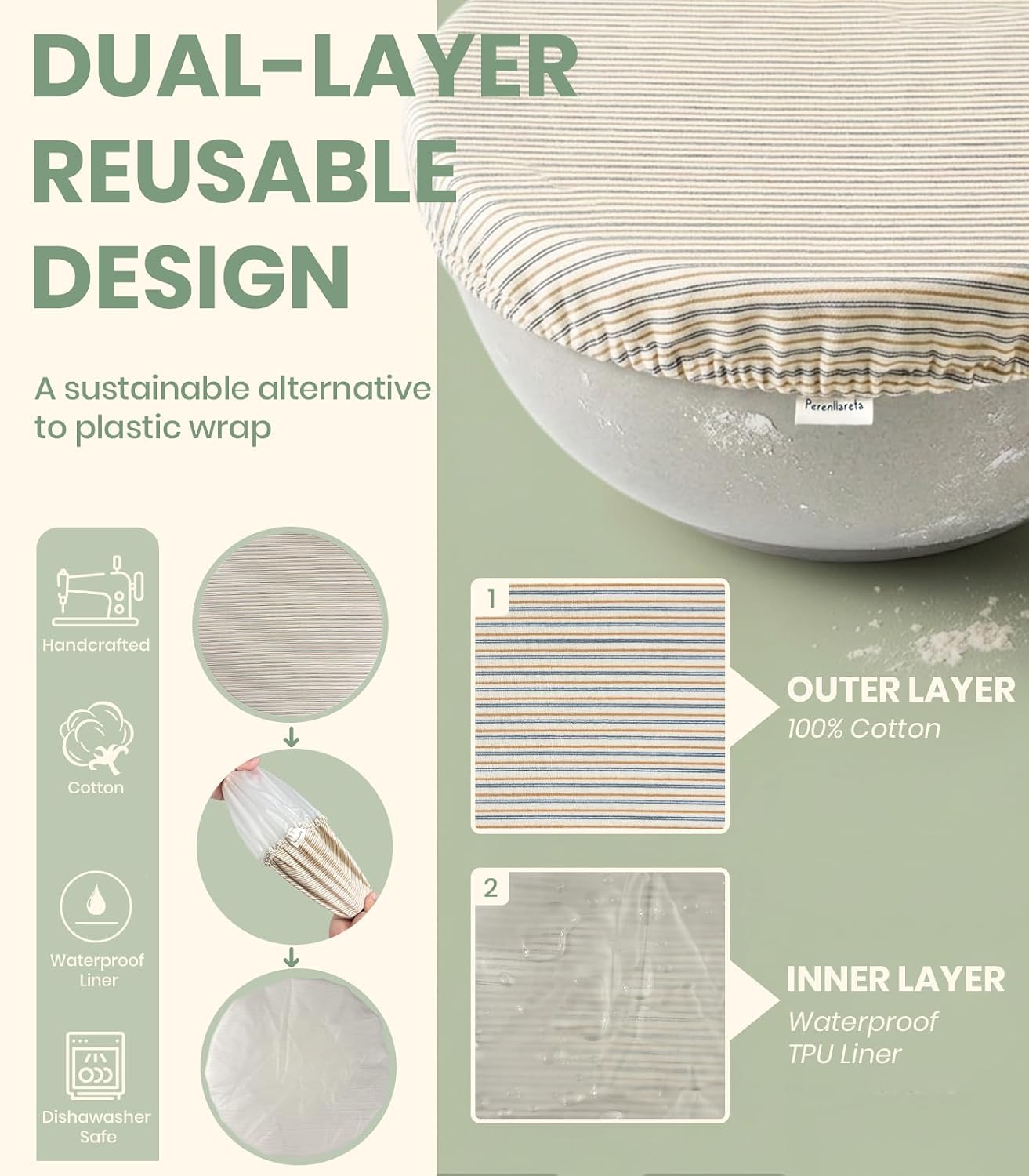 M L XL Dual-Layered Large Cotton Bowl Covers for Bread Sour Dough Rising, Waterproof TPU Liner, 9" 11" 13" Elastic Reusable Cloth Sourdough Shower Caps Lid for Proofing & Fermentation