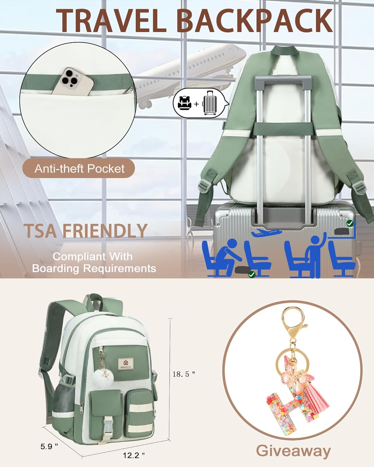 Hidds Laptop Backpack For College Women Elementary Middle High School Bag Teen Girls Bookbag Travel Daypack Backpacks (Green Beige)