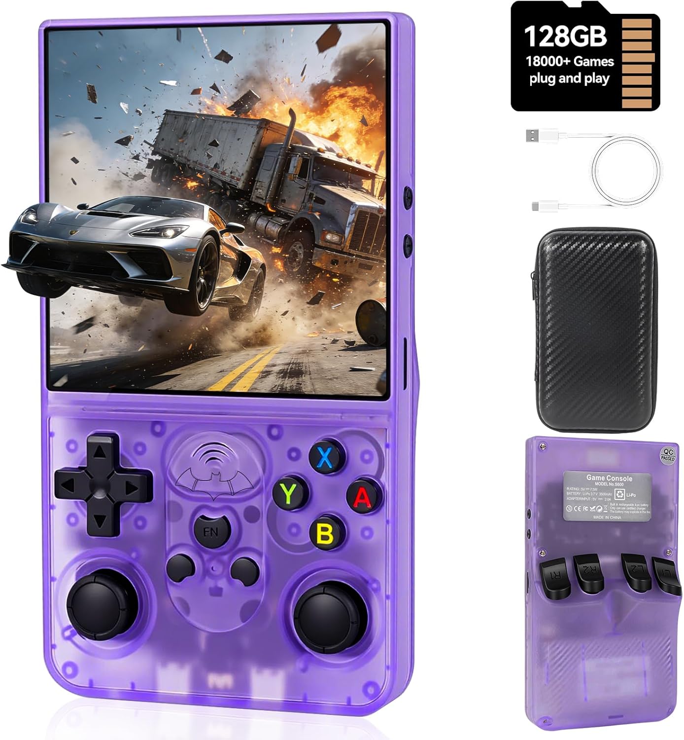 Retro Handheld Game Console, 4.0 Inch IPS HD Screen Portable Retro Gaming Console, 128GB Built-in 18000+ Classic Games, Open Source Linux System, 3500mAh Rechargeable Battery (Purple)