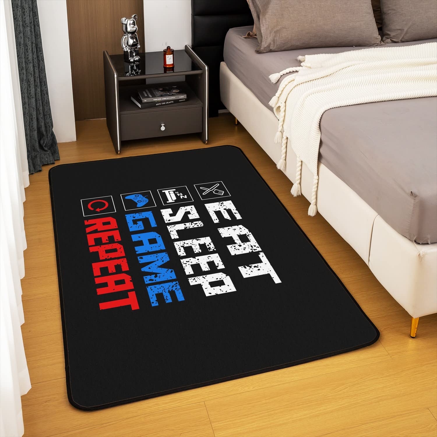 Loussiesd Gamingowy gamepad dywanik gracz salon dywany sypialnia odwracalny dinozaur nowoczesny kontroler konsoli do gier niebieski czerwony biały wewnętrzna mata podłogowa 100 x 150 cm