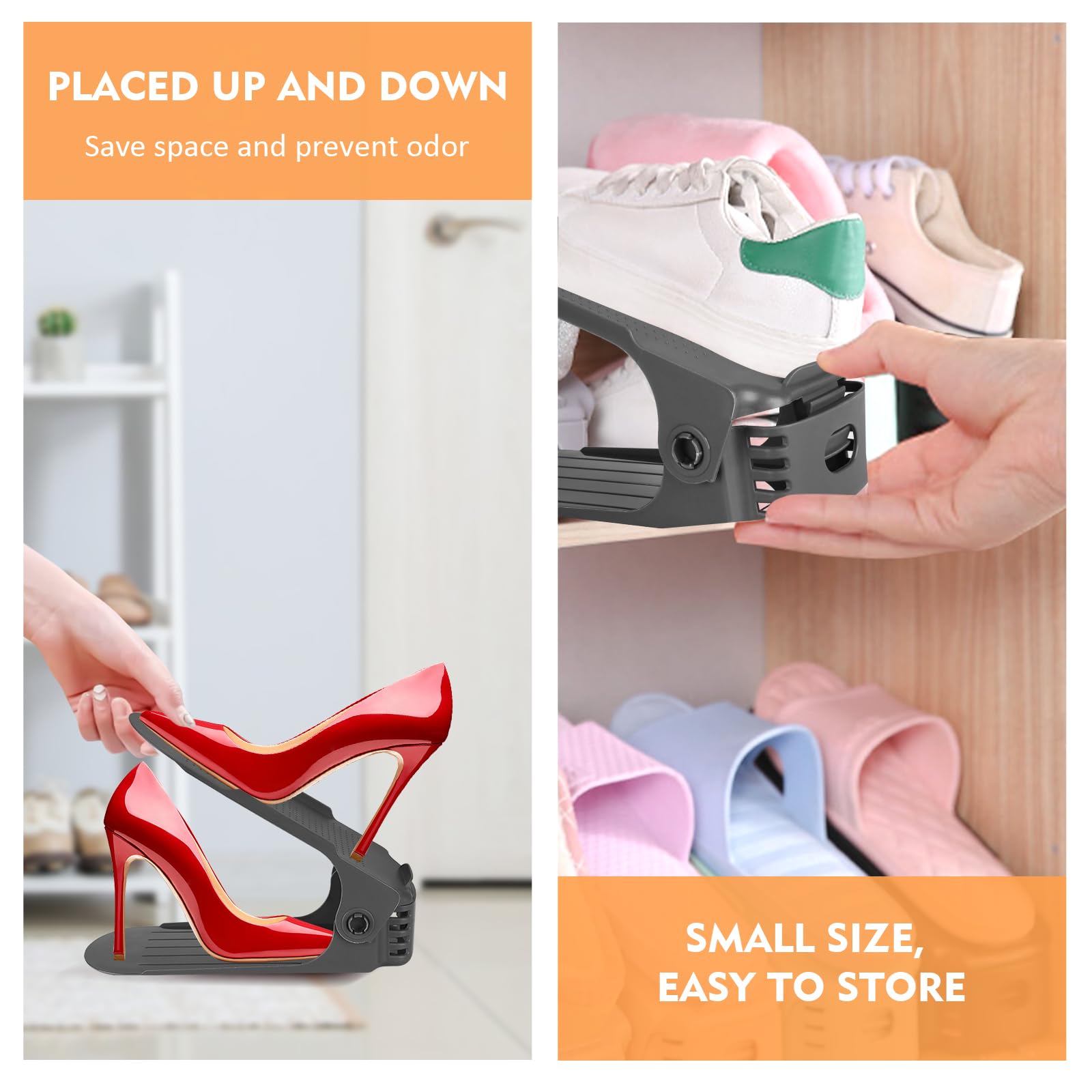 Organizadores de Zapatos,24PCS Soporte de Calzado de Altura Ajustable,Zapatero Simple,Ranuras Soportes de Calzado Apilador para Zapatos Ahorro de Espacio,4 alturas para todo zapatos Gris Oscuro