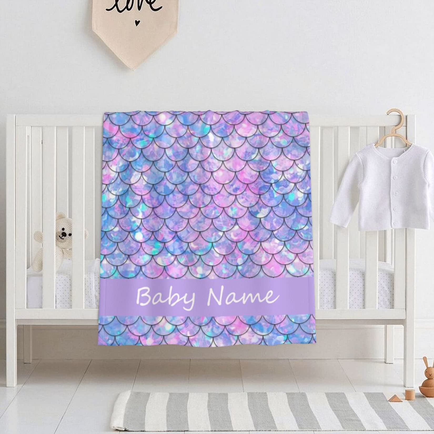 Personalized Mermaid Scales Baby Blanket for Girls, Custom Shower Gift, Soft Plush Toddler Newborn Nursery Bed Stroller Crib, 40x30 Inches