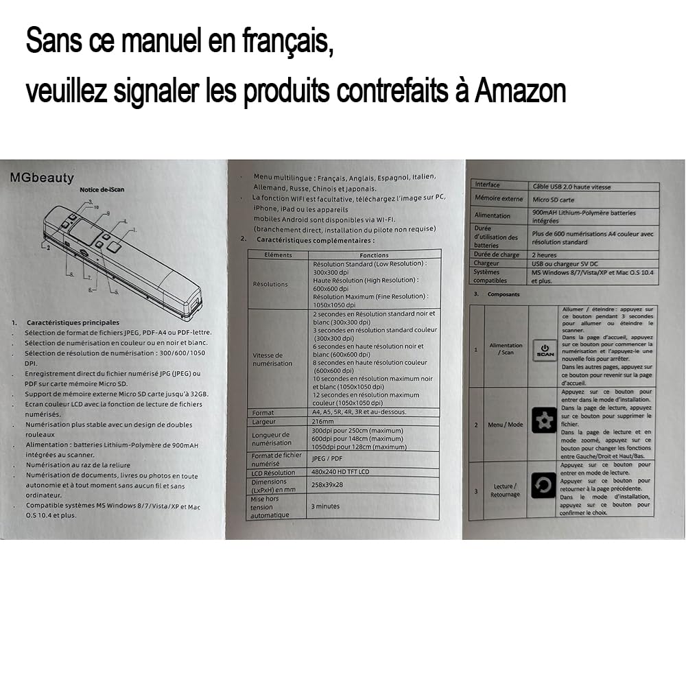 Portable High Speed Handheld Scanner A4 Scanner Taille Document 1050 DPI
