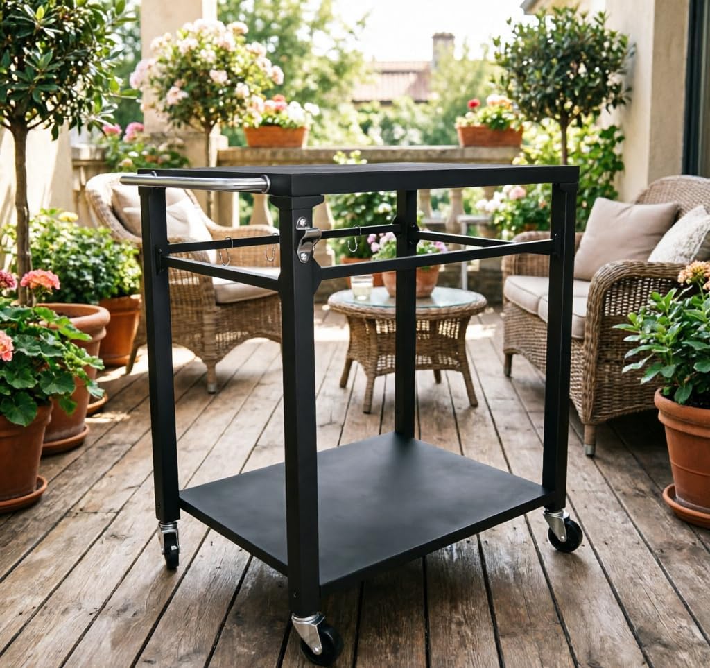 2-Tier Outdoor Grill Cart with Locking Wheels - Movable BBQ Prep Table & Serving Bar Cart, Heavy-Duty Metal BBQ Island with Tool Hooks & Storage Shelves for Patio, Backyard, Pizza Oven Stand