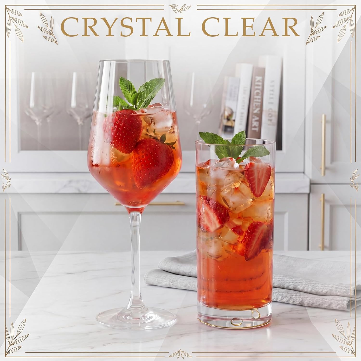 24 Pcs Glassware Set, 12 Long Stem 15oz Wine Glasses, 12 Crystal 12.6oz Tall Drinking Water Glass Highball Cups for Cocktail Champagne Party Wedding Home Use Housewarming Gifts